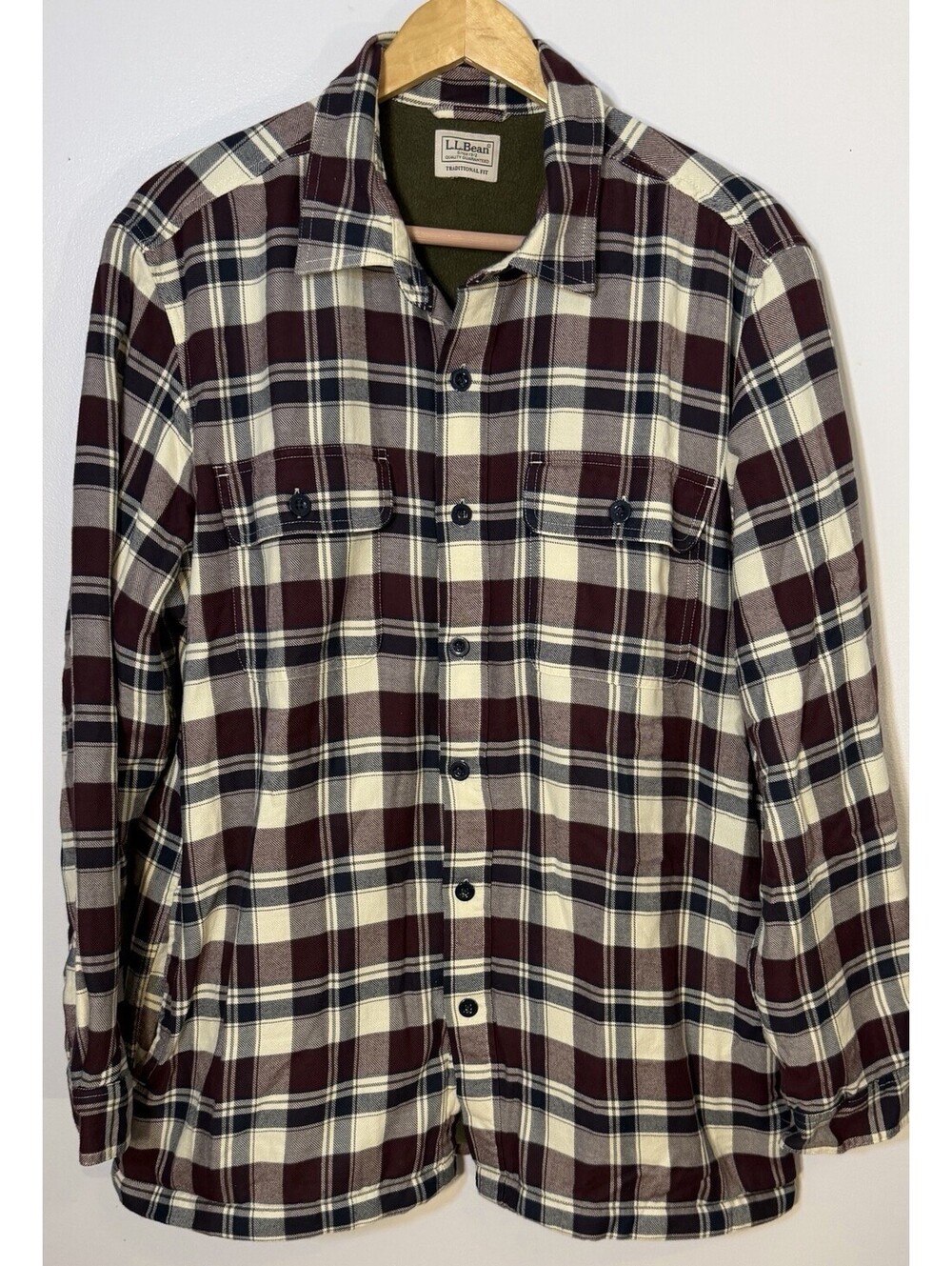 LL Bean Fleece Lined Flannel Shirt Jacket XL Plaid Shacket Burgundy GUC